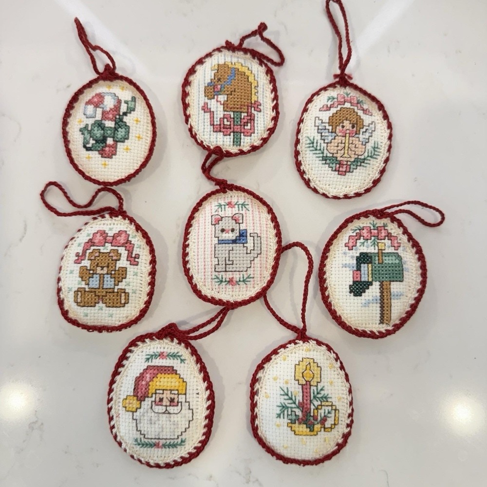 Vintage Cross-Stitch Christmas Ornaments Cottage Core Oval Lot 90s Cat Santa